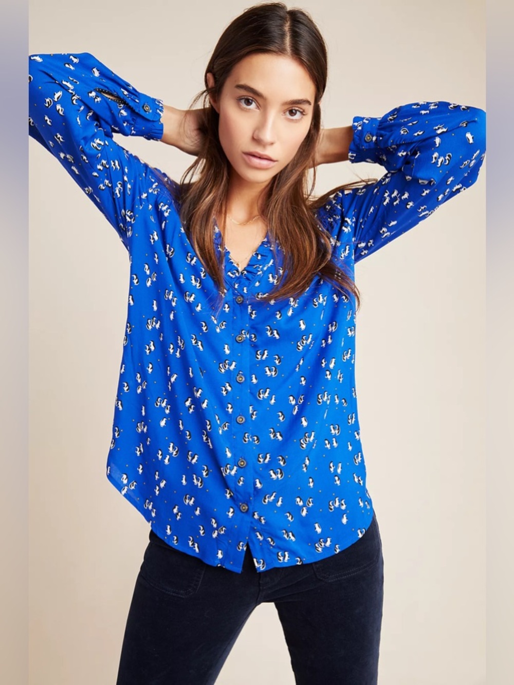 Marisol Ruffled Blouse by Maeve for Anthropologie Size 16W Penguins - Picture 13 of 15